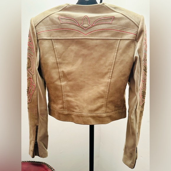 BCBGMAXAZRIA Nicholas Faux Suede Cropped Embroidered Moto Jacket, Size XS - Picture 13 of 14